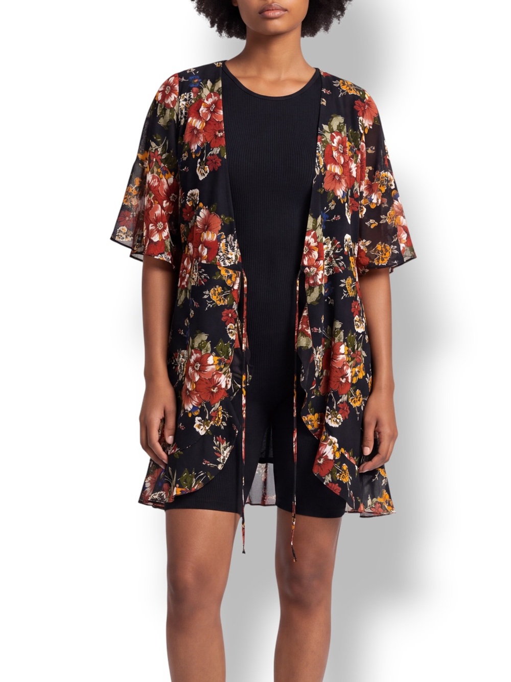 4/$20 June & Hudson PL Black Floral Tie Front Duster Jacket Bell Sleeve Lined